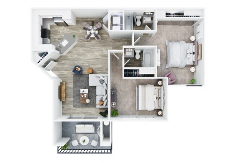 Floor plan for 2 beds, 2 baths, 1000 sqft